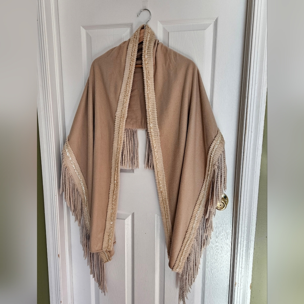 The Fur Vault 78" Cashmere Stole - Real Rabbit Fur Trim & Sequins - Beige